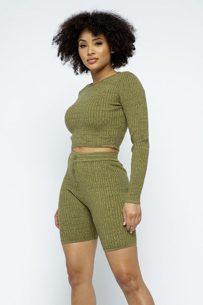 Knit Long Sleeve Cropped Top Knit High-waist Biker Shorts Set - Deals Kiosk