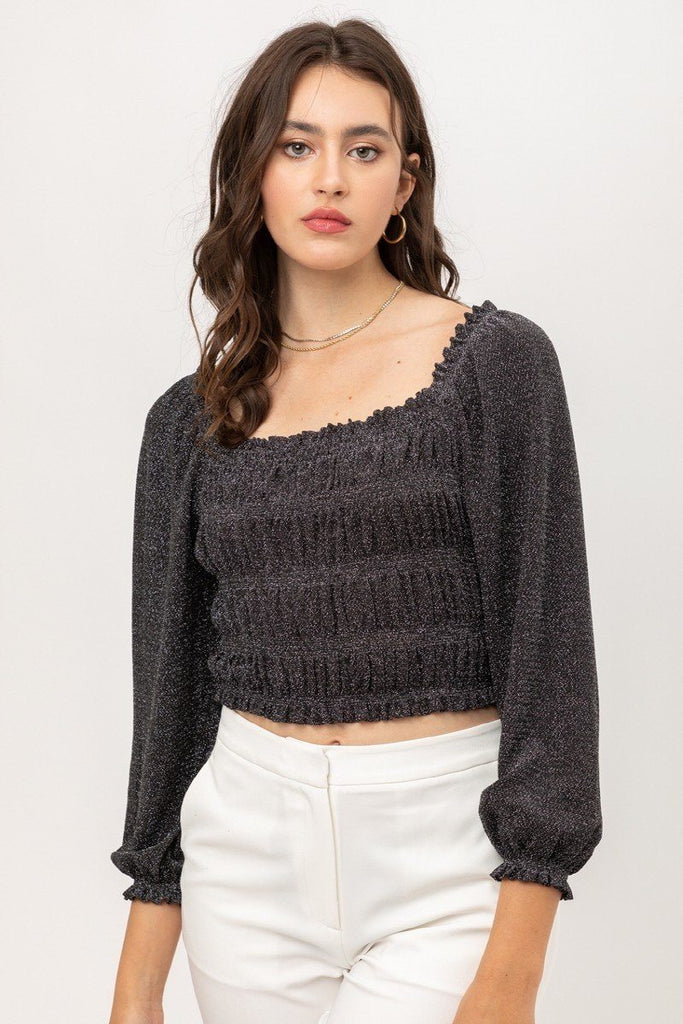 Metallic Fabric With Crop Smocked Top And Square Neck - Deals Kiosk