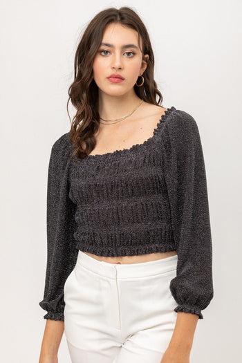 Metallic Fabric With Crop Smocked Top And Square Neck - Deals Kiosk