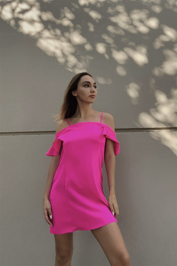 Hot Pink Cold Shoulder Ruffle Mini Shift Dress - Deals Kiosk