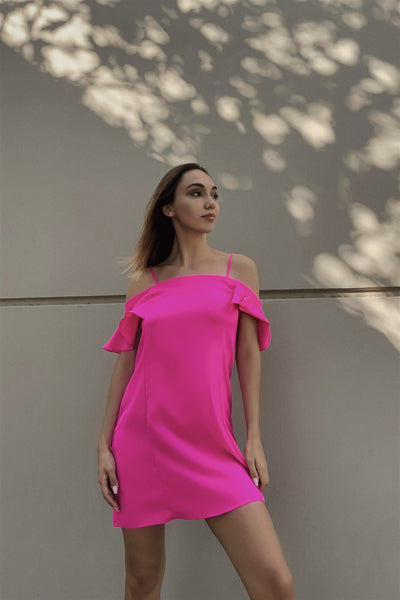 Hot Pink Cold Shoulder Ruffle Mini Shift Dress - Deals Kiosk