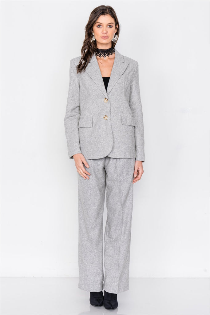 Grey Wool Blazer Office Chic Pleated High-waist Ankle Pant Set - Deals Kiosk