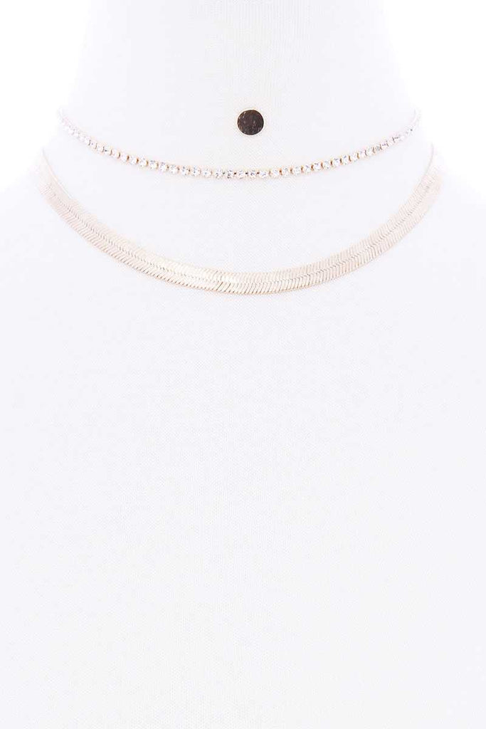 Herringbone Rhinestone Chain 2 Layered Necklace Earring Set - Deals Kiosk