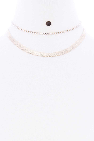 Herringbone Rhinestone Chain 2 Layered Necklace Earring Set - Deals Kiosk