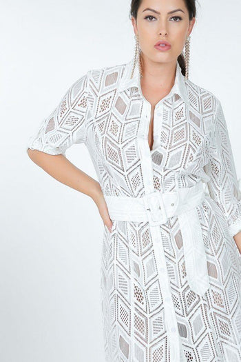 Belted Hi Low Placket Lace Shirt Dress - Deals Kiosk