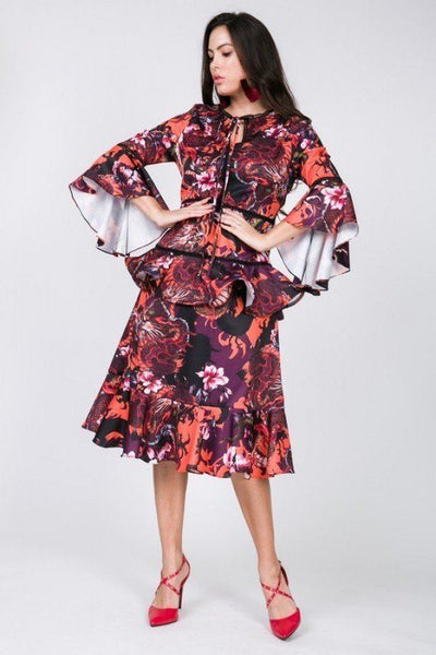 Cascade Ruffle Sleeve Frill Tiered Bottom Print Midi Dress - Deals Kiosk