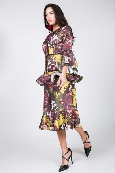 Cascade Ruffle Sleeve Frill Tiered Bottom Print Midi Dress - Deals Kiosk