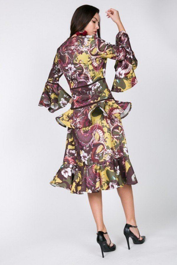 Cascade Ruffle Sleeve Frill Tiered Bottom Print Midi Dress - Deals Kiosk