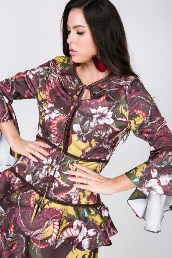 Cascade Ruffle Sleeve Frill Tiered Bottom Print Midi Dress - Deals Kiosk