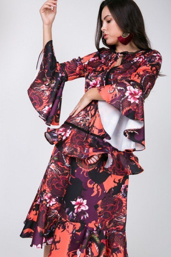 Cascade Ruffle Sleeve Frill Tiered Bottom Print Midi Dress - Deals Kiosk