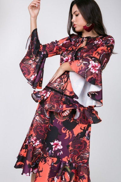 Cascade Ruffle Sleeve Frill Tiered Bottom Print Midi Dress - Deals Kiosk