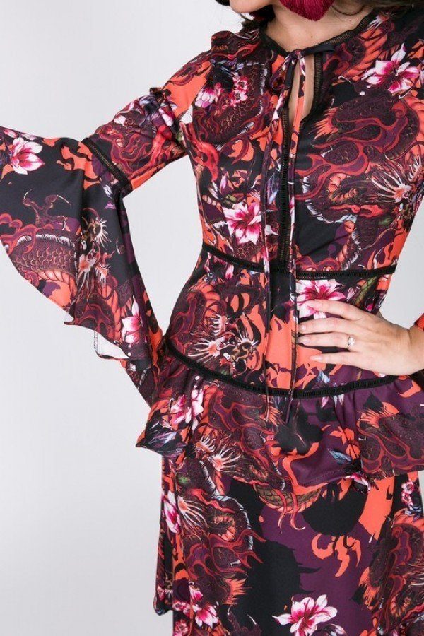 Cascade Ruffle Sleeve Frill Tiered Bottom Print Midi Dress - Deals Kiosk