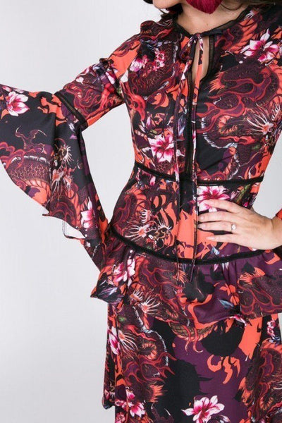 Cascade Ruffle Sleeve Frill Tiered Bottom Print Midi Dress - Deals Kiosk