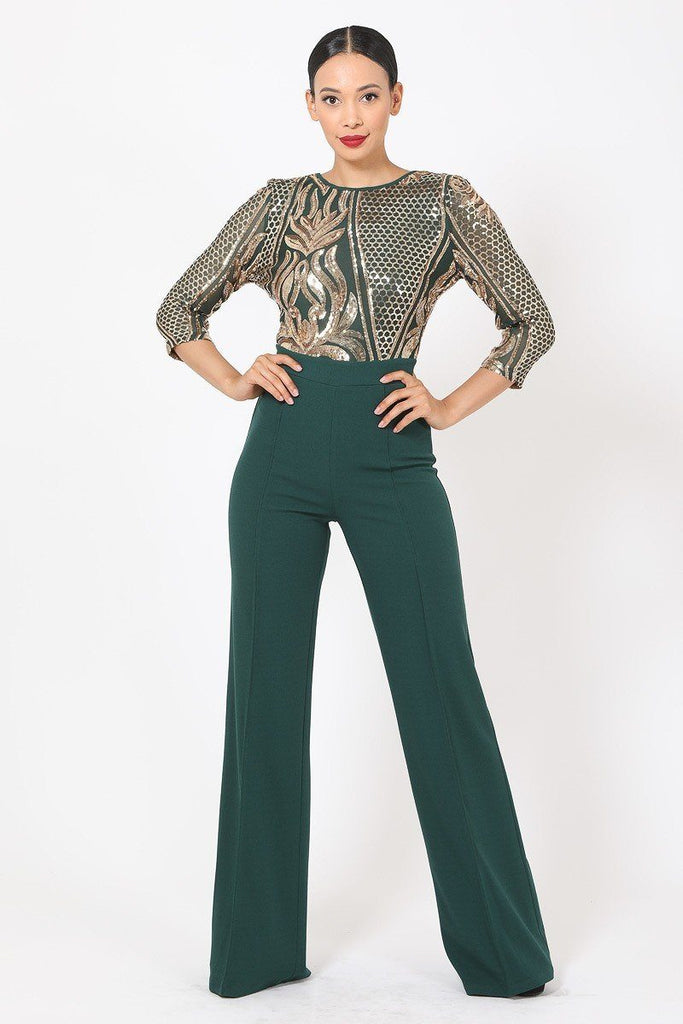 Open Back Gold Sequin Pattern Jumpsuit - Deals Kiosk