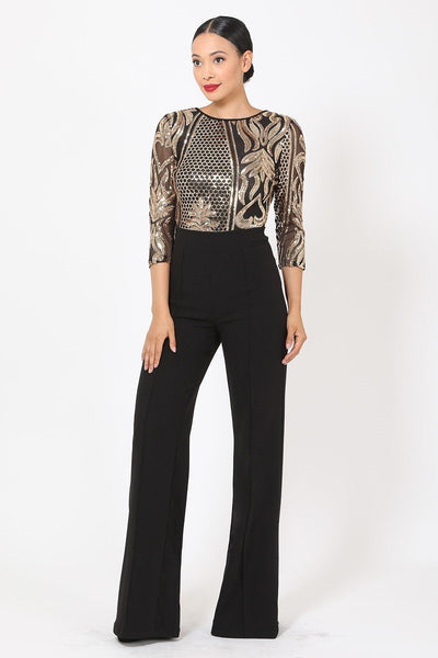 Open Back Gold Sequin Pattern Jumpsuit - Deals Kiosk