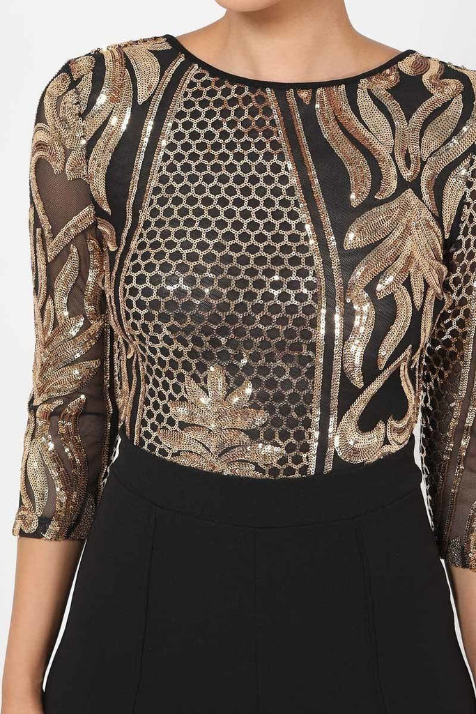Open Back Gold Sequin Pattern Jumpsuit - Deals Kiosk