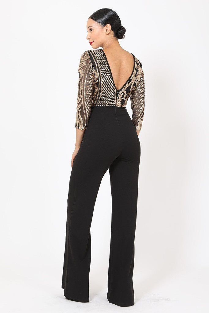 Open Back Gold Sequin Pattern Jumpsuit - Deals Kiosk