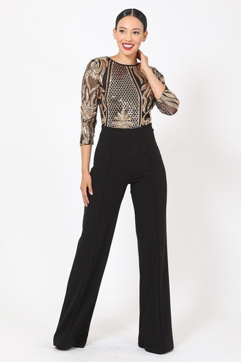 Open Back Gold Sequin Pattern Jumpsuit - Deals Kiosk