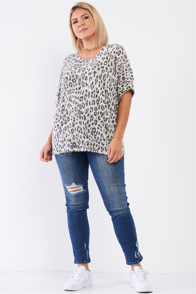 Plus Light Grey Leopard Print Relaxed Round Neck Top - Deals Kiosk