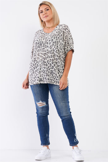 Plus Light Grey Leopard Print Relaxed Round Neck Top - Deals Kiosk