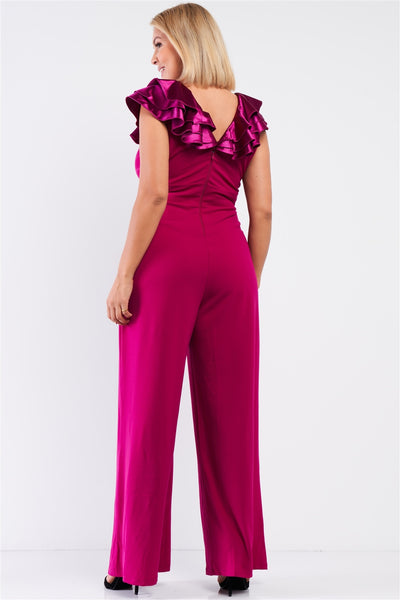 Plus Sleeveless Satin Ruffle Shoulder Detail V-neck Wide Leg Jumpsuit - Deals Kiosk