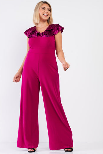 Plus Sleeveless Satin Ruffle Shoulder Detail V-neck Wide Leg Jumpsuit - Deals Kiosk