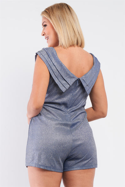 Plus Glimmering Ice Blue Sleeveless Bateau Neck Pleated Wrap Detail Fitted Romper - Deals Kiosk