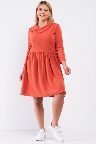 Plus Pleated Preppy Fit & Flare Long Sleeve Asymmetrical Peter Pan Collar Mini Dress - Deals Kiosk