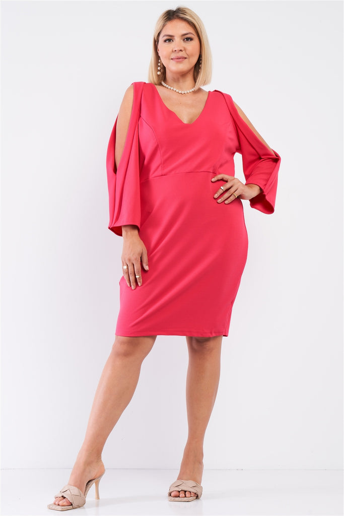 Plus Coral Pink Plunging V-neck Long Slit Sleeve Detail Mini Dress - Deals Kiosk