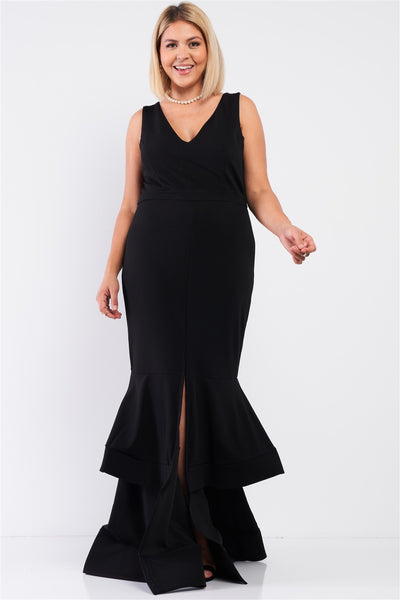 Plus Sleeveless V-neck Front Slip Layered Flare Hem Maxi Mermaid Dress - Deals Kiosk