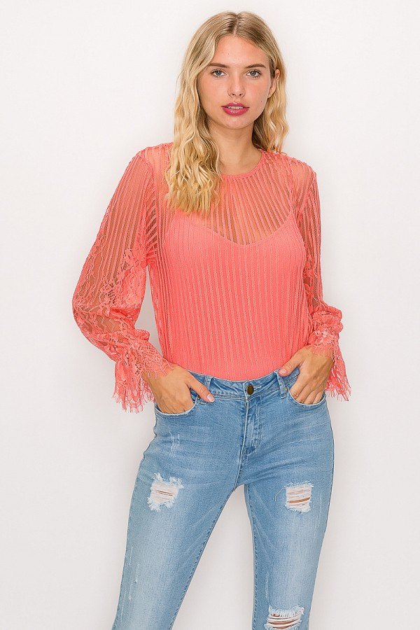 Lace Trim Shadow Stripe Bodysuit - Deals Kiosk