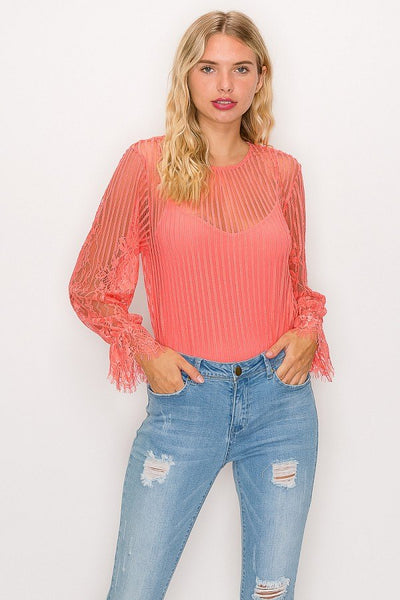 Lace Trim Shadow Stripe Bodysuit - Deals Kiosk