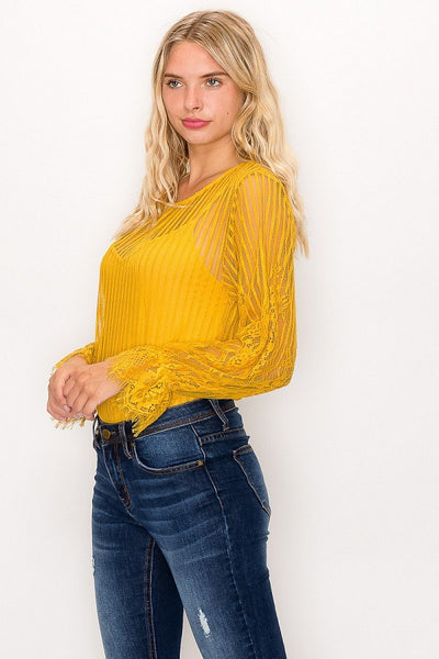 Lace Trim Shadow Stripe Bodysuit - Deals Kiosk