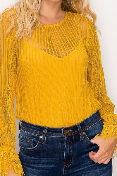 Lace Trim Shadow Stripe Bodysuit - Deals Kiosk