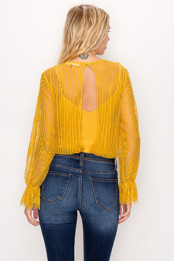 Lace Trim Shadow Stripe Bodysuit - Deals Kiosk