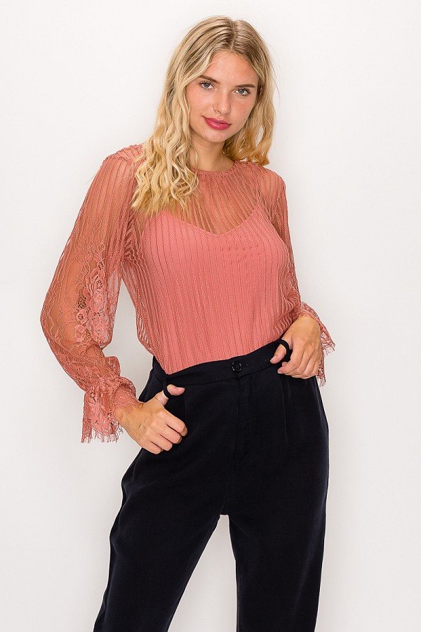 Lace Trim Shadow Stripe Bodysuit - Deals Kiosk