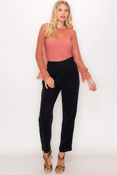 Lace Trim Shadow Stripe Bodysuit - Deals Kiosk