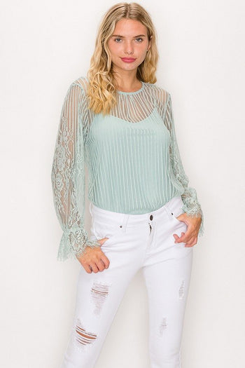 Lace Trim Shadow Stripe Bodysuit - Deals Kiosk