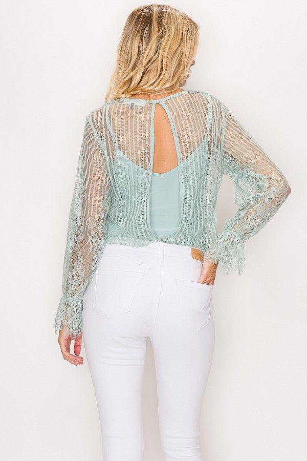 Lace Trim Shadow Stripe Bodysuit - Deals Kiosk
