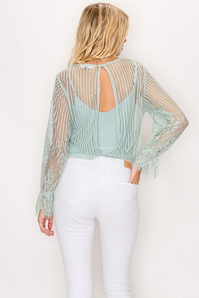 Lace Trim Shadow Stripe Bodysuit - Deals Kiosk