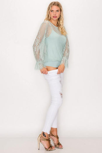 Lace Trim Shadow Stripe Bodysuit - Deals Kiosk