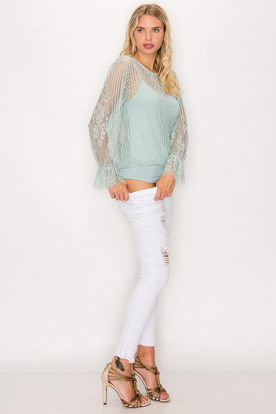 Lace Trim Shadow Stripe Bodysuit - Deals Kiosk