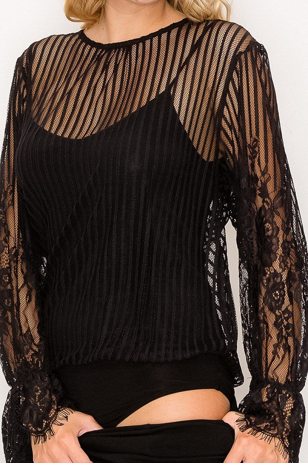 Lace Trim Shadow Stripe Bodysuit - Deals Kiosk