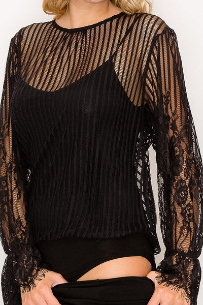 Lace Trim Shadow Stripe Bodysuit - Deals Kiosk