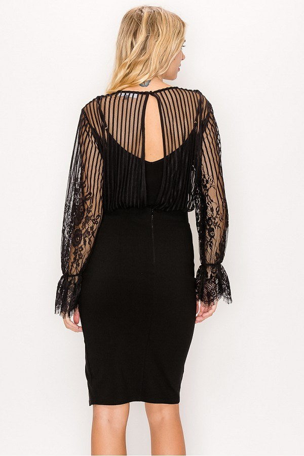 Lace Trim Shadow Stripe Bodysuit - Deals Kiosk