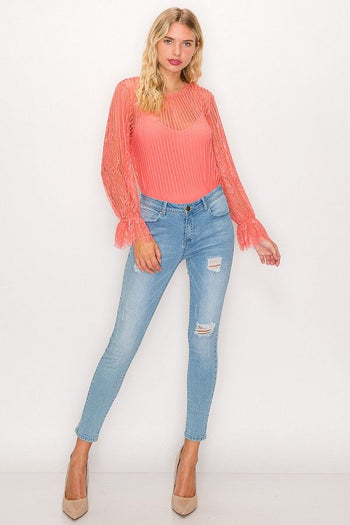 Lace Trim Shadow Stripe Bodysuit - Deals Kiosk