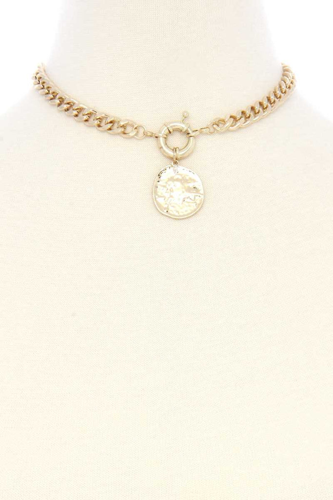 Hammered Coin Cuban Chain Link Metal Necklace - Deals Kiosk