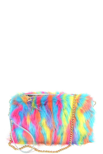 Bright Multi Faux Fur Pouch Bag - Deals Kiosk