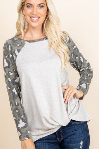 Casual French Terry Side Twist Top With Animal Print Long Sleeves - Deals Kiosk