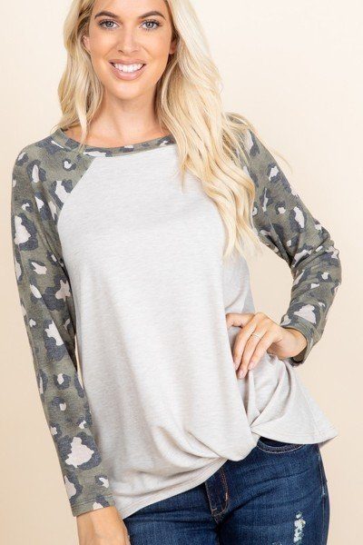 Casual French Terry Side Twist Top With Animal Print Long Sleeves - Deals Kiosk